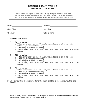 Content Area Tutoring Observation Form