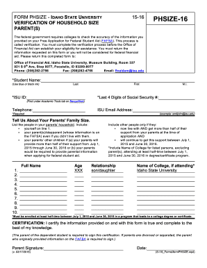 Idaho State University Verification of Household Size Form