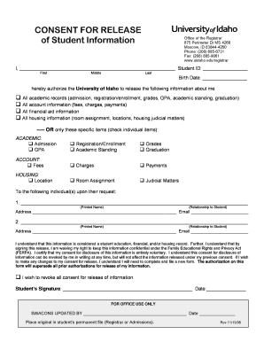 University of Idaho Student Information Release Consent