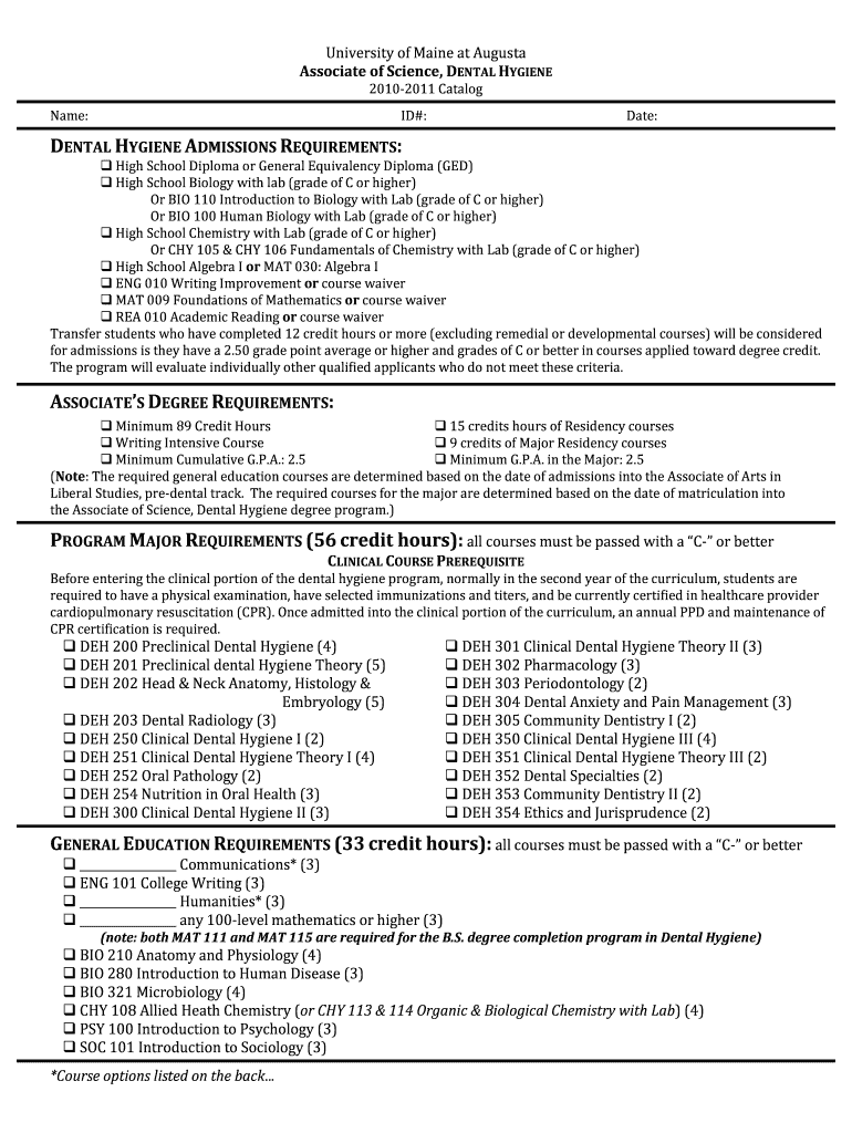 Fillable Online uma Name ID DENTAL YGIENE DMISSIONS REQUIREMENTS Fax Email Print pdfFiller