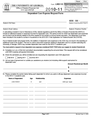 University of Georgia Dependent Care Expense Request Form