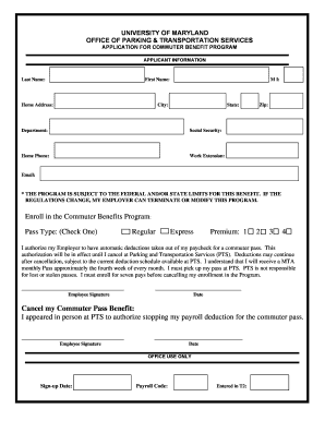 University of Maryland Commuter Benefit Program Application
