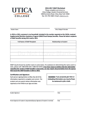 SNAP Worksheet for Financial Aid