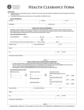 University of Hawaii Health Clearance Form
