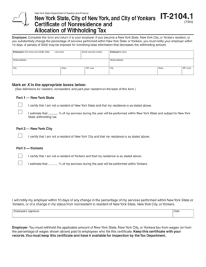New York State IT-2104.1 Certificate of Nonresidence