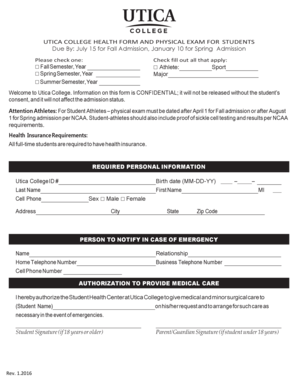 Utica College Health Form and Physical Exam