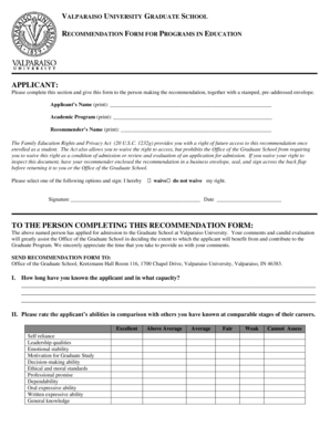 Valparaiso University Graduate School Recommendation Form