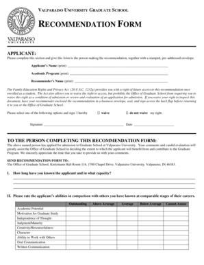 Valparaiso University Graduate School Recommendation Form