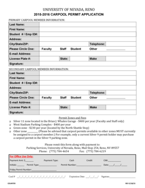 University of Nevada Reno Carpool Permit Application