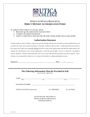 Utica College Direct Deposit Authorization Form
