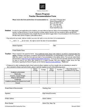 University of Nevada Reno Honors Program Teacher Recommendation Form