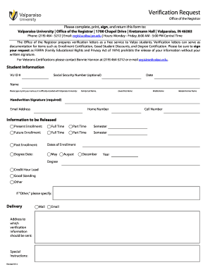 Valparaiso University Verification Request Form