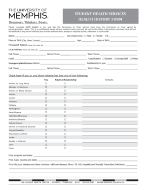Student Health Services Health History Form