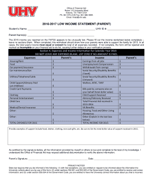2016-2017 Low Income Statement for Parents