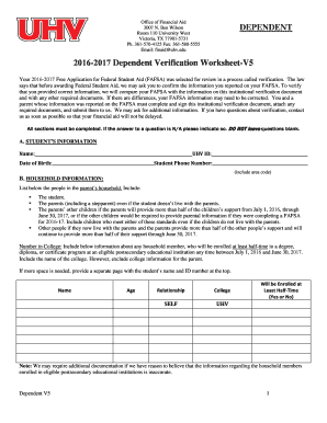 2016-2017 Dependent Verification Worksheet