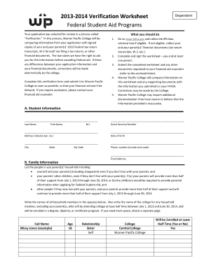 2013-2014 Verification Worksheet Dependent