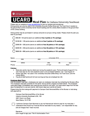 Indiana University Southeast Meal Plan Application