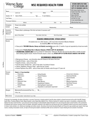 Wayne State College Student Health Form