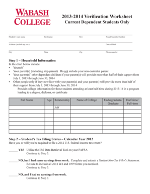 2013-2014 Verification Worksheet
