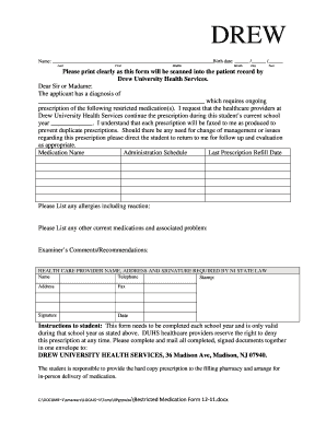 Drew University Restricted Medication Form