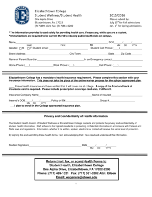 Elizabethtown College Student Health Form