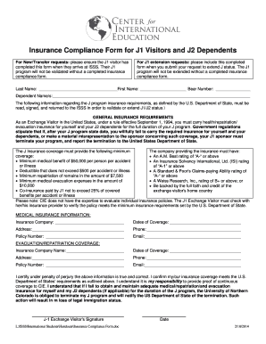 Insurance Compliance Form for J1 Visitors
