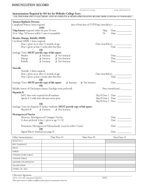 Wellesley College Immunization Record Form