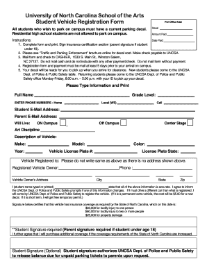 University of North Carolina Student Vehicle Registration Form