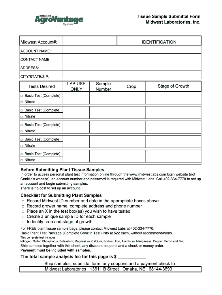 Fillable Online Tissue Sample Submittal Form Midwest Laboratories Fax