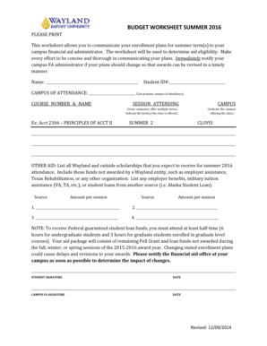 Summer Financial Aid Budget Worksheet