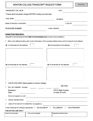 Kenyon College Transcript Request Form