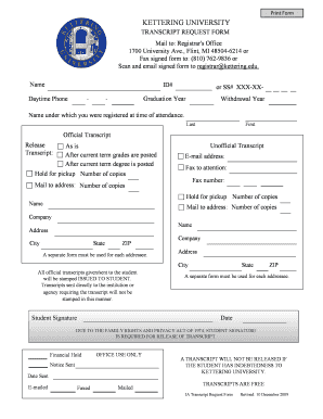Kettering University Transcript Request Form