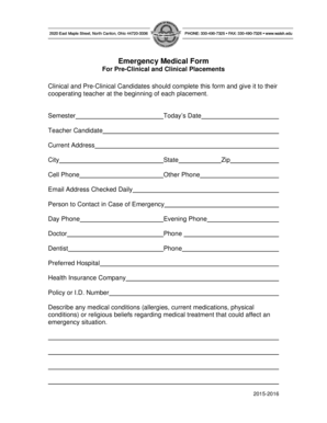Emergency Medical Form for Clinical Placements