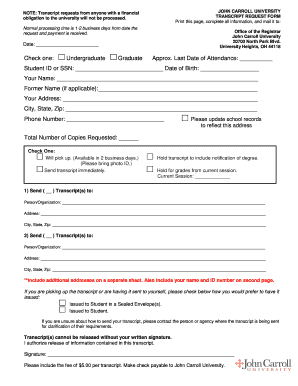 John Carroll University Transcript Request Form