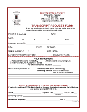 Central State University Transcript Request Form