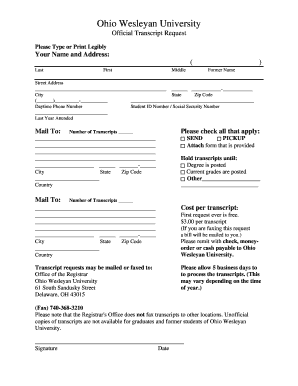 Ohio Wesleyan University Official Transcript Request