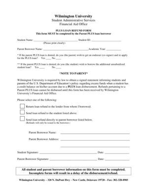 Wilmington University PLUS Loan Refund Form