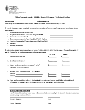 William Paterson University Household Resources Verification Worksheet