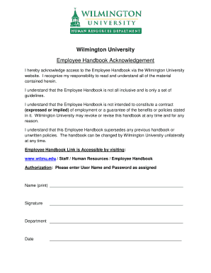 Wilmington University Employee Handbook Acknowledgement
