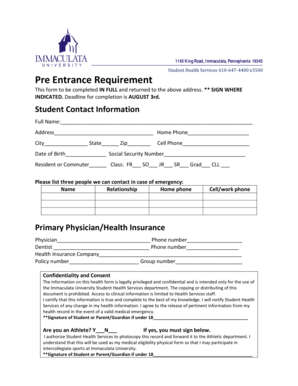 Immaculata University Student Health Form