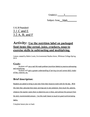 Math Nutrition Label Activity