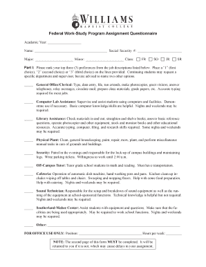 Federal Work-Study Program Assignment Questionnaire