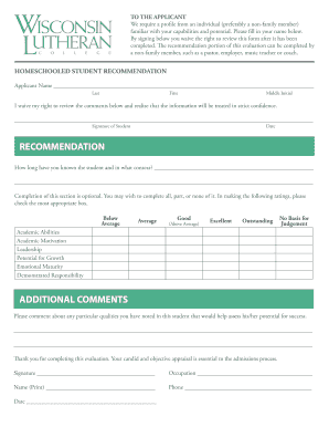 Homeschooled Student Recommendation Form