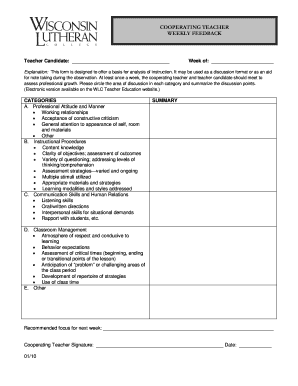 Cooperating Teacher Weekly Feedback Form