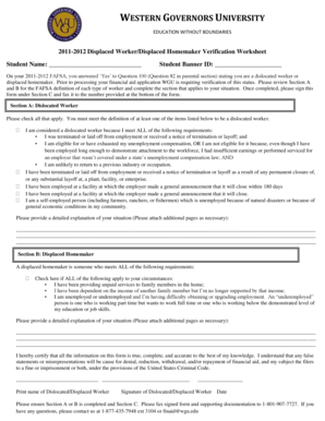 Displaced Worker/Displaced Homemaker Verification Worksheet