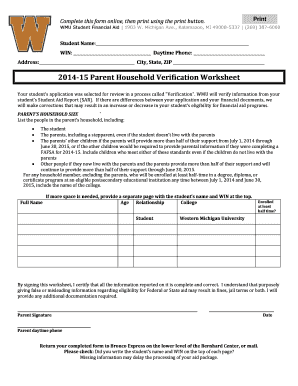 2014-15 Parent Household Verification Worksheet