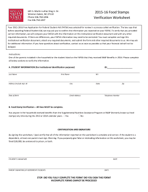 2015-16 Food Stamps Verification Worksheet