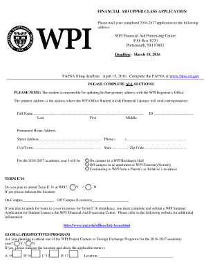WPI Financial Aid Upper Class Application