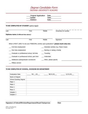 Indiana University Kokomo Degree Candidate Form