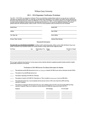 2015-2016 Dependent Verification Worksheet